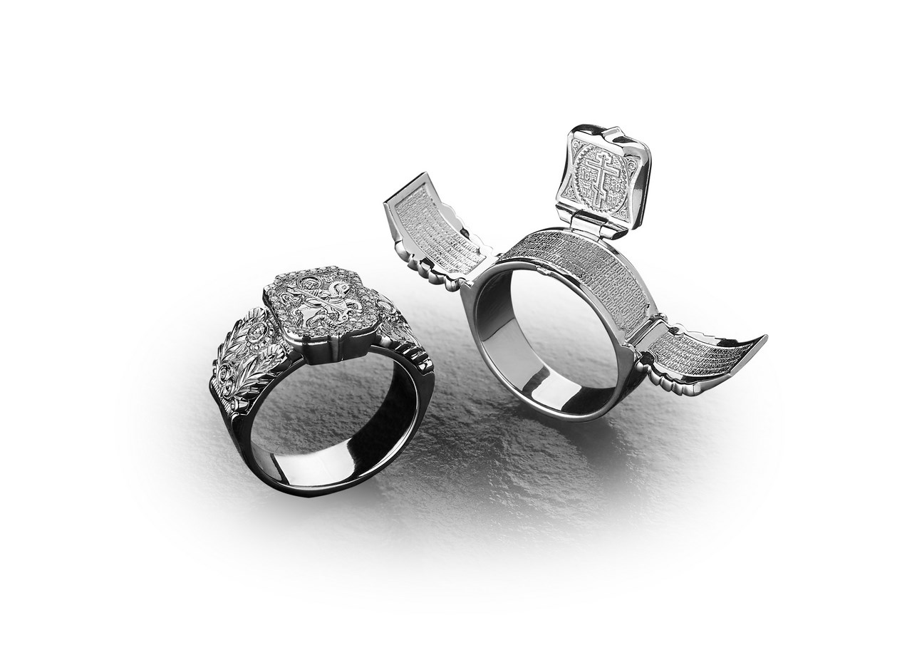 Владимир Михайлов, Охранный перстень «Чудо Святого Георгия о Змие», платина 950°, бриллианты